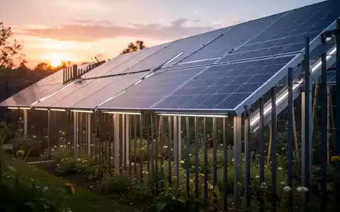 Moderne Photovoltaik-Elemente in einem Gartenzaun bei Sonnenuntergang als Symbol für sichere Außeninstallationen. - Foto: über boerse-global.de
