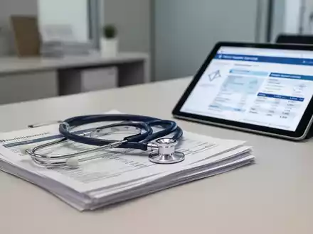 Ein Stethoskop liegt auf Finanzdokumenten und einem Tablet mit Gesundheitsdaten in einem modernen Büro. - Foto: über boerse-global.de