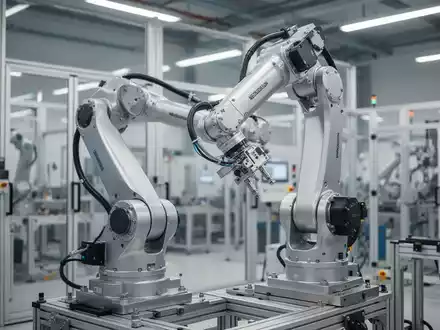 Ein hochmoderner Industrieroboterarm in einer hellen, technologisch fortschrittlichen Fertigungshalle. - Foto: über boerse-global.de