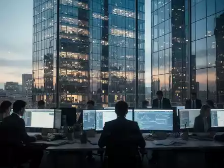 Ein beleuchtetes Bürogebäude im Finanzviertel bei Dämmerung, das die Arbeitsatmosphäre im Investmentbanking symbolisiert. - Foto: über boerse-global.de