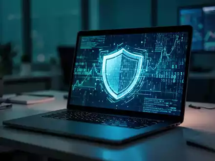 Ein beleuchteter Laptopbildschirm mit binärem Code und digitalen Sicherheitssymbolen in einem modernen Büro. - Foto: über boerse-global.de