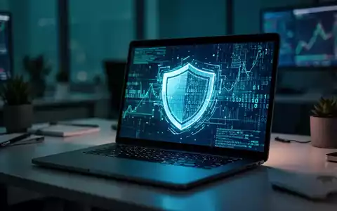 Ein beleuchteter Laptopbildschirm mit binärem Code und digitalen Sicherheitssymbolen in einem modernen Büro. - Foto: über boerse-global.de