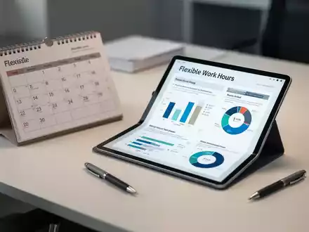Ein moderner Schreibtisch mit Kalender und digitalem Tablet, das Arbeitszeitdiagramme zur flexiblen Zeitgestaltung zeigt. - Foto: über boerse-global.de