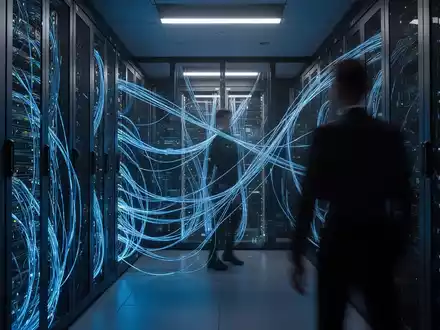 Ein moderner Serverraum mit leuchtenden Glasfaserkabeln, der die technologische Infrastruktur und Sicherheitsaspekte von KI symbolisiert. - Foto: über boerse-global.de