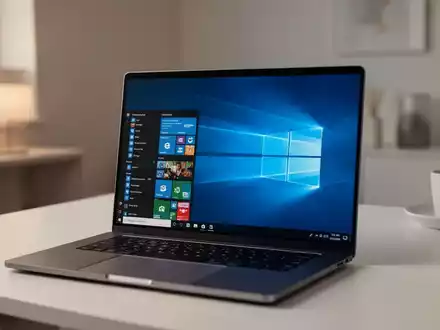 Ein moderner Laptop mit Windows 10 Betriebssystem in einem aufgeräumten Büro. - Foto: über boerse-global.de