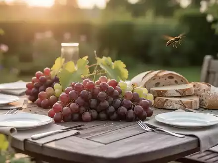 Ein gedeckter Gartentisch mit Trauben und Brot im weichen Sonnenlicht, eine Wespe im unscharfen Hintergrund. - Foto: über boerse-global.de