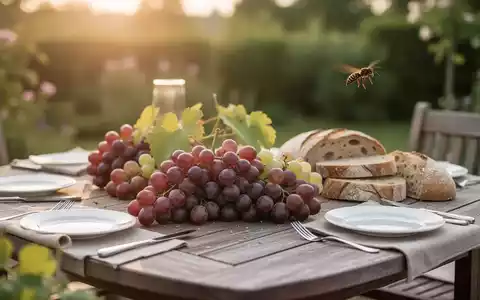 Ein gedeckter Gartentisch mit Trauben und Brot im weichen Sonnenlicht, eine Wespe im unscharfen Hintergrund. - Foto: über boerse-global.de