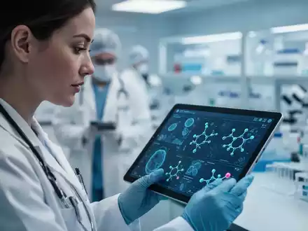 Medizinische Fachkraft betrachtet digitale Gesundheitsdaten auf einem Tablet in einem modernen Labor. - Foto: über boerse-global.de