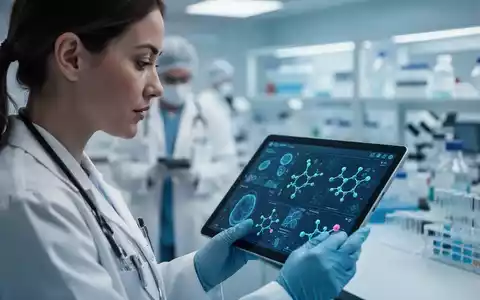 Medizinische Fachkraft betrachtet digitale Gesundheitsdaten auf einem Tablet in einem modernen Labor. - Foto: über boerse-global.de