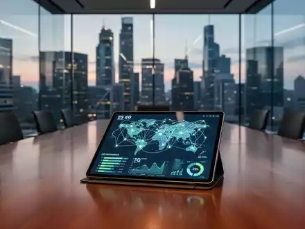 Moderner Konferenzraum mit digitaler Datenvisualisierung zu ESG-Kennzahlen und Cybersicherheit auf einem Tablet. - Foto: über boerse-global.de