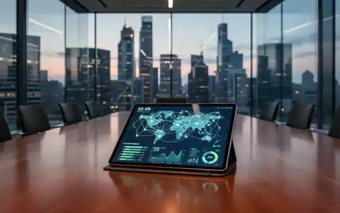 Moderner Konferenzraum mit digitaler Datenvisualisierung zu ESG-Kennzahlen und Cybersicherheit auf einem Tablet. - Foto: über boerse-global.de