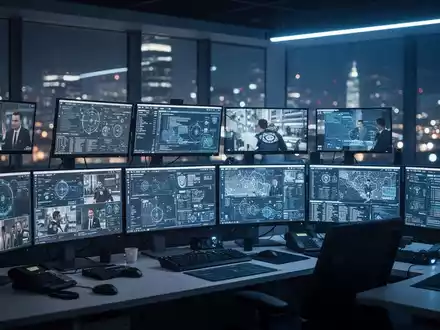 Moderne Einsatzzentrale der Polizei mit digitalen Überwachungsbildschirmen und technischer Ausrüstung. - Foto: über boerse-global.de