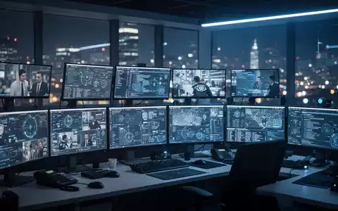 Moderne Einsatzzentrale der Polizei mit digitalen Überwachungsbildschirmen und technischer Ausrüstung. - Foto: über boerse-global.de