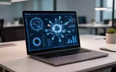Moderner Büroarbeitsplatz mit Laptop, auf dem abstrakte Datenvisualisierungen und KI-Netzwerkknoten zu sehen sind. - Foto: über boerse-global.de