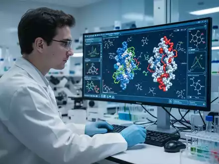 Ein Forscher betrachtet komplexe 3D-Proteinstrukturen an einem Monitor in einem modernen medizinischen Labor. - Foto: über boerse-global.de