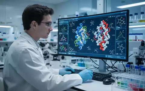 Ein Forscher betrachtet komplexe 3D-Proteinstrukturen an einem Monitor in einem modernen medizinischen Labor. - Foto: über boerse-global.de