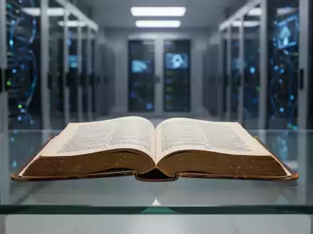 Ein aufgeschlagenes Buch auf einem modernen Schreibtisch vor einem verschwommenen Serverraum als Symbol für KI und Urheberrecht. - Foto: über boerse-global.de