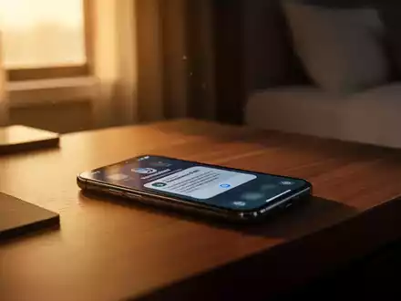Ein Smartphone auf einem Hotel-Nachttisch zeigt eine verdächtige Benachrichtigung vor einem verschwommenen Hotelzimmer. - Foto: über boerse-global.de