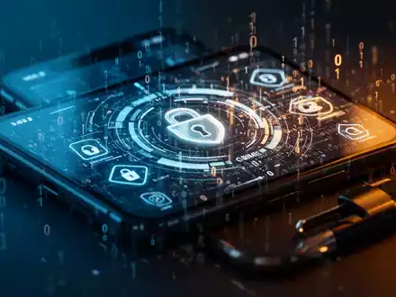 Nahaufnahme eines Smartphone-Bildschirms mit abstraktem digitalem Sicherheitscode und Finanz-App-Oberfläche in dunkler Umgebung. - Foto: über boerse-global.de