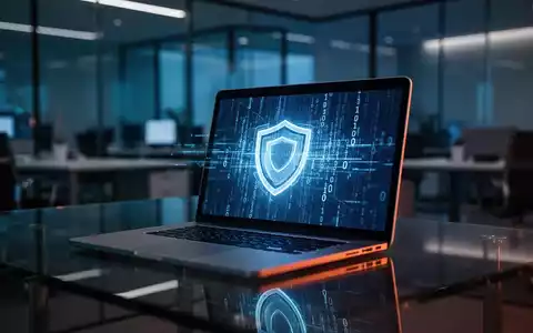 Ein beleuchteter Laptop-Bildschirm in einem modernen Büro, der abstrakte Sicherheitsdaten und ein Schutzschild-Symbol zeigt. - Foto: über boerse-global.de