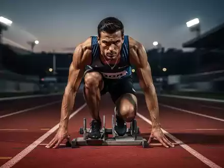 Ein fokussierter Sprinter in Startposition auf einer modernen Leichtathletikbahn bei Dämmerung. - Foto: über boerse-global.de