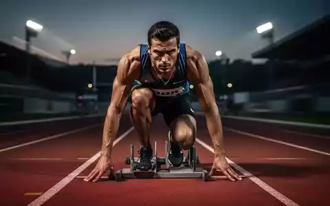 Ein fokussierter Sprinter in Startposition auf einer modernen Leichtathletikbahn bei DĂ€mmerung. - Foto: ĂŒber boerse-global.de