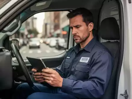 Ein Handwerker im Dienstwagen betrachtet konzentriert ein Tablet, während er zu einem Einsatzort fährt. - Foto: über boerse-global.de