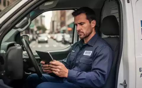 Ein Handwerker im Dienstwagen betrachtet konzentriert ein Tablet, während er zu einem Einsatzort fährt. - Foto: über boerse-global.de