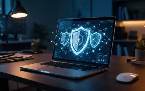 Moderne Home-Office-Einrichtung mit Laptop und digitalen Sicherheitsgrafiken für Netzwerkschutz. - Foto: über boerse-global.de