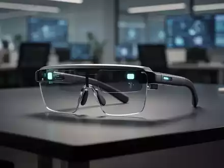 Moderne Augmented-Reality-Smart-Glasses liegen auf einem minimalistischen Schreibtisch in einer High-Tech-Büroumgebung. - Foto: über boerse-global.de