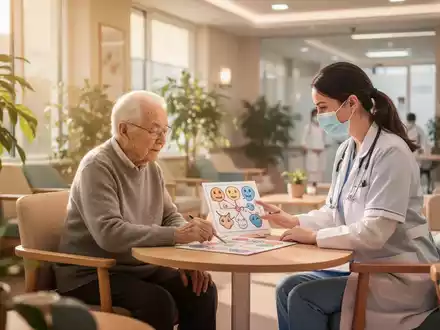 Eine ältere Person bei einer kognitiven Übung in einer modernen Tagespflegeeinrichtung mit professioneller Betreuung. - Foto: über boerse-global.de