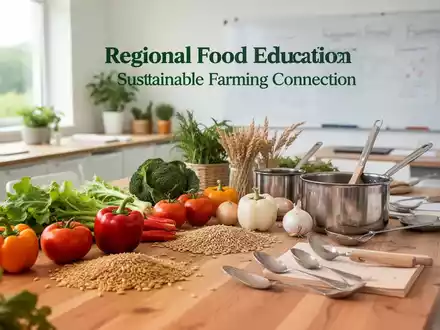 Frisches Gemüse und Getreide auf einem Holztisch in einer modernen Lehrküche für regionale Ernährungsbildung. - Foto: über boerse-global.de