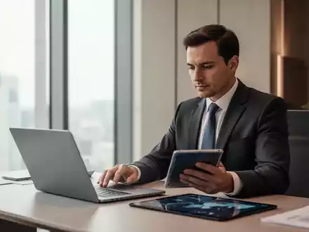 Ein professioneller Unternehmensberater arbeitet in einem modernen, hellen Büro an einem Laptop. - Foto: über boerse-global.de