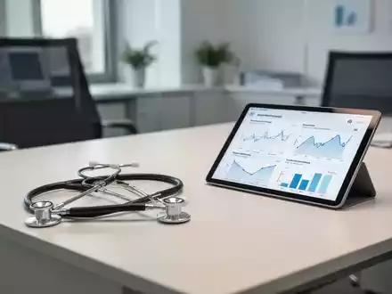 Ein moderner Schreibtisch in einer medizinischen Verwaltung mit Stethoskop und Tablet, das Gesundheitsstatistiken zeigt. - Foto: über boerse-global.de