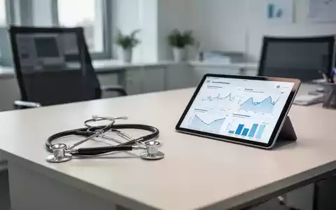 Ein moderner Schreibtisch in einer medizinischen Verwaltung mit Stethoskop und Tablet, das Gesundheitsstatistiken zeigt. - Foto: über boerse-global.de