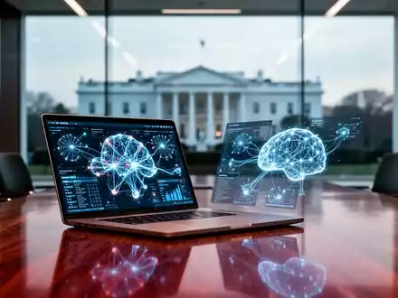 Moderner Konferenzraum mit Laptop, der KI-Datenvisualisierungen zeigt, und verschwommener Ansicht des Weißen Hauses im Hintergrund. - Foto: über boerse-global.de