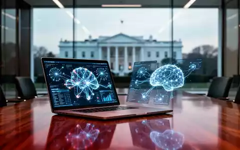 Moderner Konferenzraum mit Laptop, der KI-Datenvisualisierungen zeigt, und verschwommener Ansicht des Weißen Hauses im Hintergrund. - Foto: über boerse-global.de
