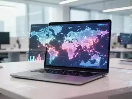 Ein moderner Schreibtisch mit einem Laptop, auf dem abstrakte Datenvisualisierungen und globale Netzwerkknoten zu sehen sind. - Foto: über boerse-global.de