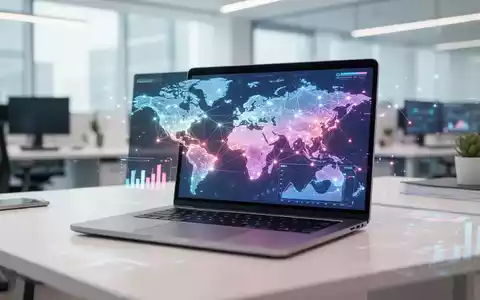 Ein moderner Schreibtisch mit einem Laptop, auf dem abstrakte Datenvisualisierungen und globale Netzwerkknoten zu sehen sind. - Foto: über boerse-global.de