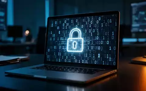 Laptop-Bildschirm mit binärem Code und einem Vorhängeschloss-Symbol als Metapher für Datensicherheit und Datenschutz. - Foto: über boerse-global.de