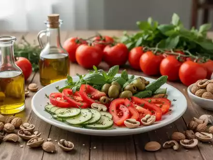 Frische mediterrane Lebensmittel wie Gemüse, Olivenöl und Nüsse auf einem Holztisch als Symbol für gesunde Ernährung. - Foto: über boerse-global.de