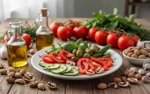 Frische mediterrane Lebensmittel wie Gemüse, Olivenöl und Nüsse auf einem Holztisch als Symbol für gesunde Ernährung. - Foto: über boerse-global.de