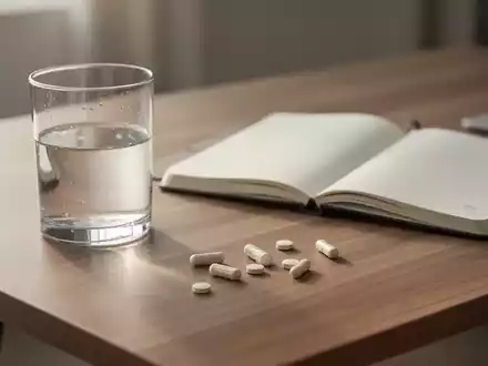 Nahaufnahme von Nahrungsergänzungskapseln und einem Glas Wasser auf einem modernen Schreibtisch bei natürlichem Licht. - Foto: über boerse-global.de