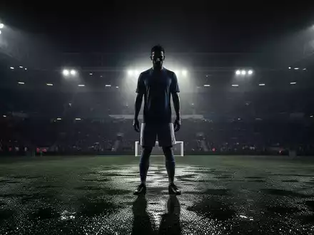 Ein fokussierter Fußballspieler steht allein auf einem dunklen Rasen unter Flutlicht als Symbol für mentale Stärke. - Foto: über boerse-global.de
