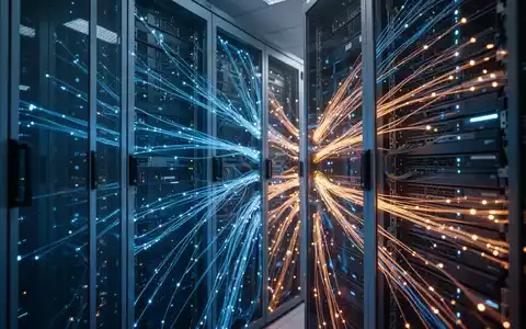 Modernes Server-Rechenzentrum mit leuchtenden Glasfaserkabeln als Symbol für globale KI-Infrastruktur und Technologiekonflikte. - Foto: über boerse-global.de