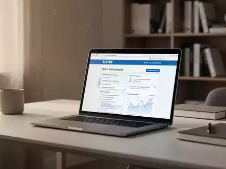 Moderner Schreibtisch mit Laptop und Steuerportal-Oberfläche als Symbol für steuerliche Zuständigkeit bei Umzügen. - Foto: über boerse-global.de