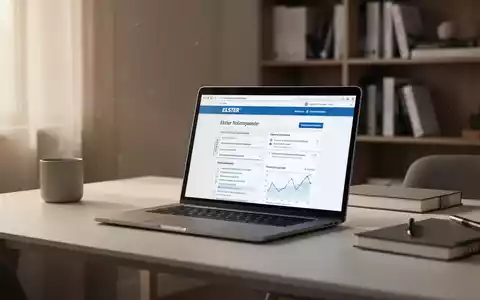 Moderner Schreibtisch mit Laptop und Steuerportal-Oberfläche als Symbol für steuerliche Zuständigkeit bei Umzügen. - Foto: über boerse-global.de