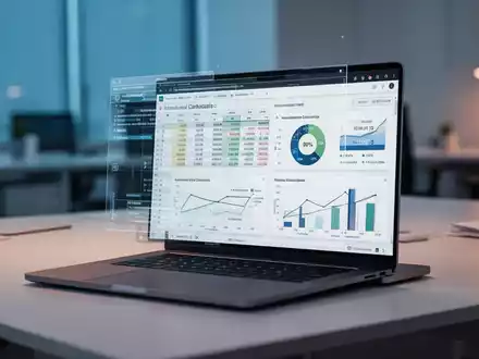 Moderner Büroarbeitsplatz mit Laptop, auf dem komplexe Tabellenkalkulationen und Datenvisualisierungen zu sehen sind. - Foto: über boerse-global.de
