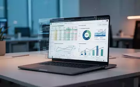 Moderner Büroarbeitsplatz mit Laptop, auf dem komplexe Tabellenkalkulationen und Datenvisualisierungen zu sehen sind. - Foto: über boerse-global.de