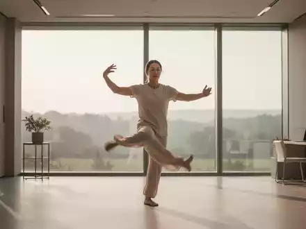 Eine Person praktiziert Qigong-Übungen in einem modernen, lichtdurchfluteten Büro mit Blick ins Grüne. - Foto: über boerse-global.de